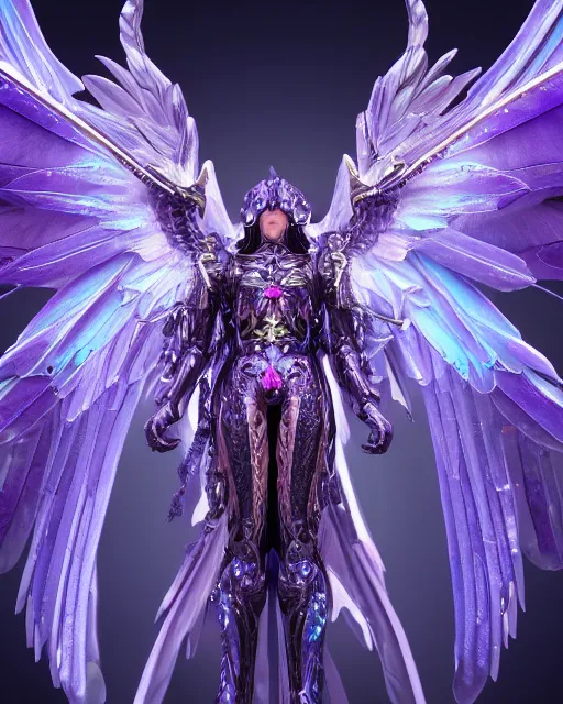 Prompt: realistic archangel with 6 wings, full body, intricate and ornate purple and blue neon armor, trending on artstation, 4 k, hyperrealistic, high details, unreal engine 5 by makoto shinkai