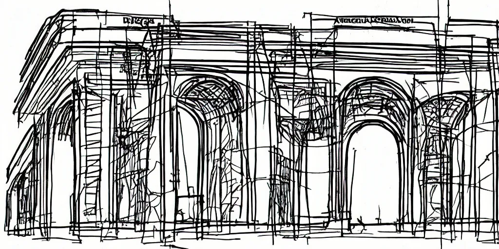 Image similar to architectural schematics Paris Arc de triomphe, drawn by Ed Wood Jr, in the style of Bauhaus