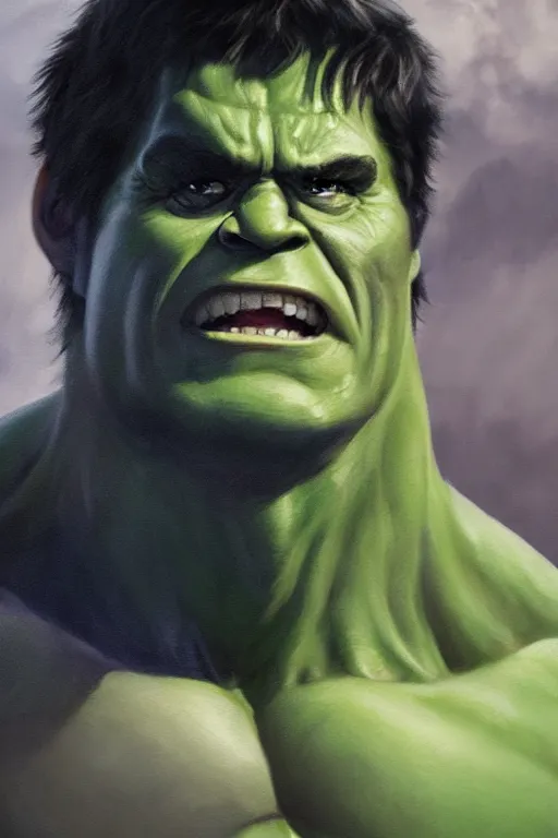 Prompt: a full body high detail fantasy portrait oil painting illustration of hulk by justin sweet with face and body clearly visible, in a scenic background, pretty eyes, realistic proportions, d & d, rpg, forgotten realms, artstation trending, high quality, sombre mood, artstation trending, muted colours, entire person visible!