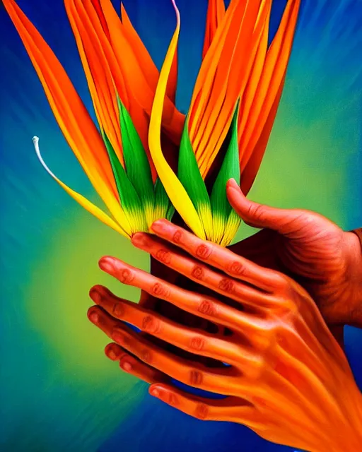 Image similar to neo-surreal high detail painting of human hands holding Birds of Paradise flowers robert steven connett dramatic orange light 8k high angle shallow depth of field