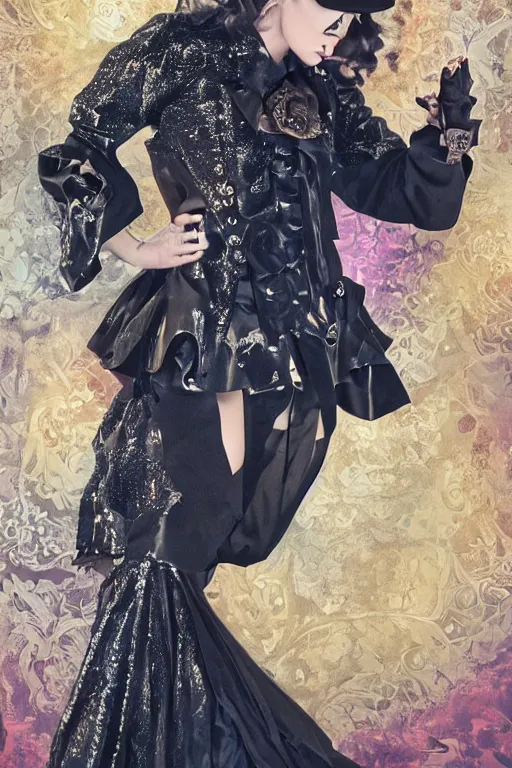 Image similar to black leather and embroidered Lolita dapper bespoke avant-garde tuxedo in velvet, black and gold rich color, dramatic cinematic lighting, featured on Artstation, extremely detailed by Lisa Frank