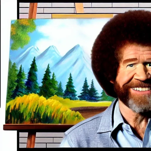 Prompt: bob ross painting a picture of bob ross in the style of bob ross