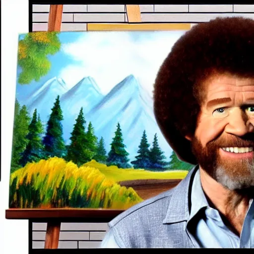 Image similar to bob ross painting a picture of bob ross in the style of bob ross