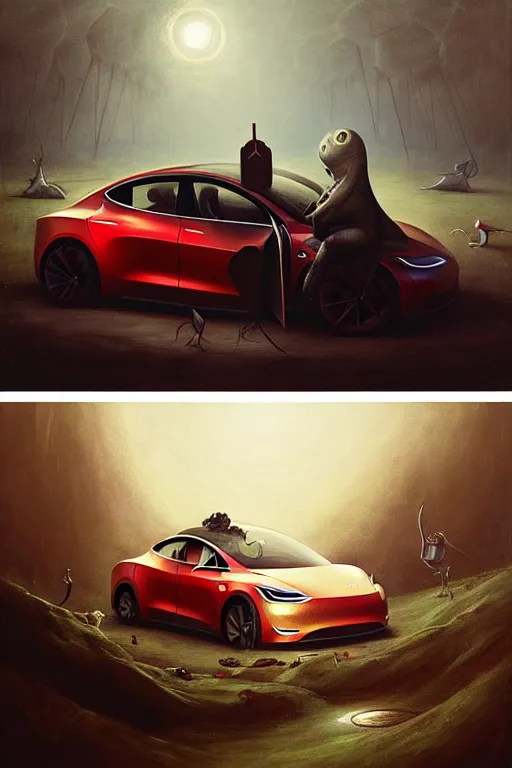 Prompt: hieronymus bosch, greg rutkowski, anna podedworna, painting of a elon musk doing heroin while driving a tesla into an orphanage