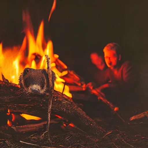 Prompt: beaver being spit roasted over a campfire at night, photograph