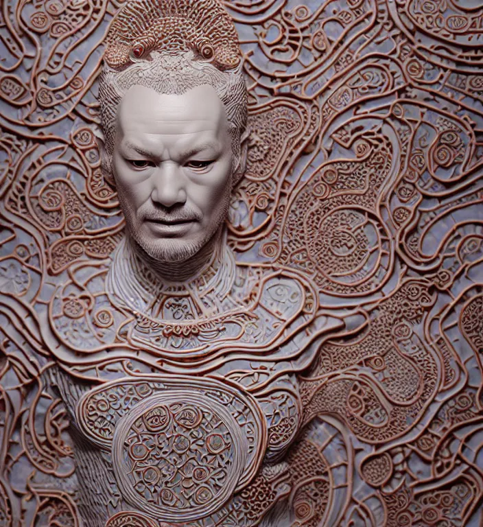 Image similar to Sting , A Close up photo-real delicate ceramic porcelain sculpture of a symmetrical ornate detailed in front of an intricate background by Victo Ngai and takato yamamoto, micro detail, backlit lighting, face in focus, subsurface scattering, translucent, thin porcelain, octane renderer, colorful, physically based rendering, japanese pottery, trending on cgsociety