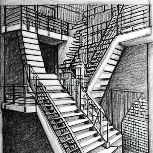 Prompt: a drawing of a staircase in a building, a detailed drawing by mc escher, pixiv, abstract illusionism, surrealist, academic art, furaffinity