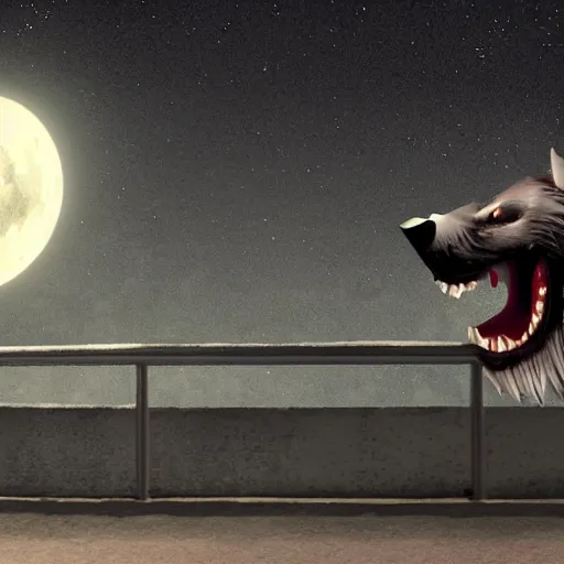 Prompt: a werewolf howling, standing next to a conveyor belt