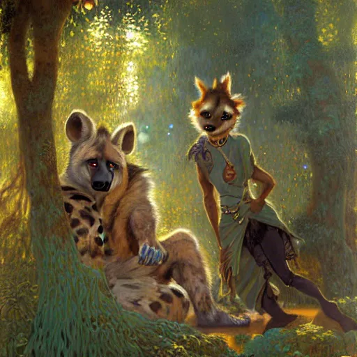 Image similar to a forest with a female hyena hyenawoman canine in wizard robes. zootopia fursona furaffinity furry art detailed face painting by gaston bussiere craig mullins jc leyendecker gustav klimt artgerm greg rutkowski furry