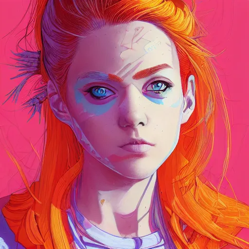 Image similar to portrait painting of a teenage girl with swept back wild orange hair and punk clothes, sharp focus, award - winning, trending on artstation, masterpiece, highly detailed, intricate. art by josan gonzales and moebius and deathburger