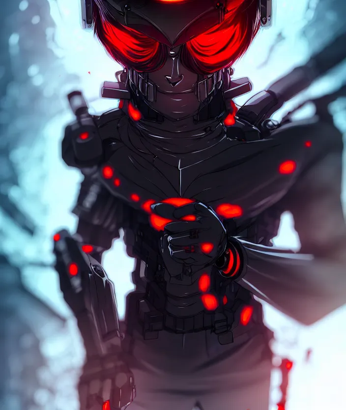 Image similar to a detailed manga illustration character full body portrait of a dark haired cyborg anime man who has red cyborg eyes, trending on artstation, digital art, 4 k resolution, detailed, high quality, sharp focus, hq artwork, insane detail, concept art, character concept, character illustration, full body illustration, cinematic, dramatic lighting