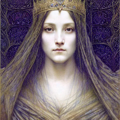 Image similar to detailed realistic beautiful young medieval queen face portrait by jean delville, gustave dore and marco mazzoni, art nouveau, symbolist, visionary, gothic, pre - raphaelite