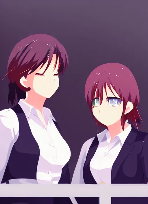 Image similar to two beautiful mothers face to face annoyed, office clothes, gorgeous faces, smooth, cinematic lighting, detailed anime art