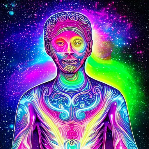 Prompt: A man's soul becoming one with the galaxy by lisa frank, space, vibrant, colorful, digital art, peaceful, dmt, psychedelic,