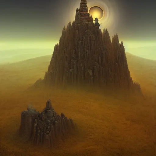 Prompt: A mystical temple, sitting atop a dusty mountaintop, in the style of Keith Thompson and Zdzislaw Beksinski, Artstation HD, 8k, Surrealistic digital artwork,-n 9