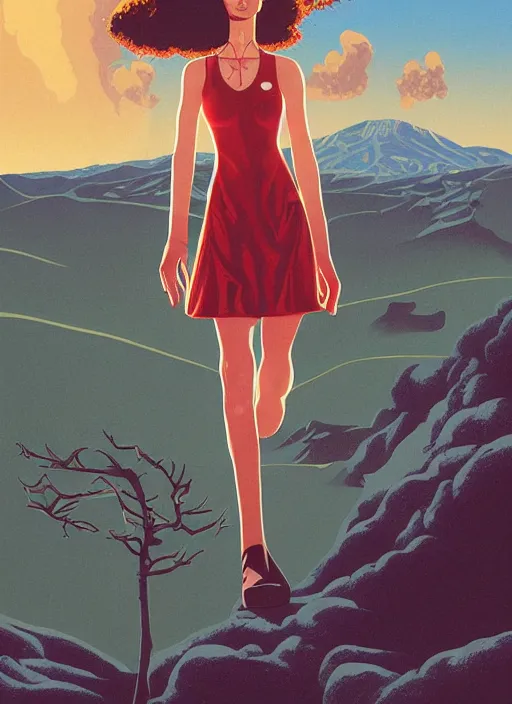 Image similar to Twin Peaks poster artwork by Michael Whelan, Bob Larkin and Tomer Hanuka, Karol Bak of Zendaya is a high school student working at the diner wearing waitress dress, from scene from Twin Peaks, simple illustration, domestic, nostalgic, from scene from Twin Peaks, clean