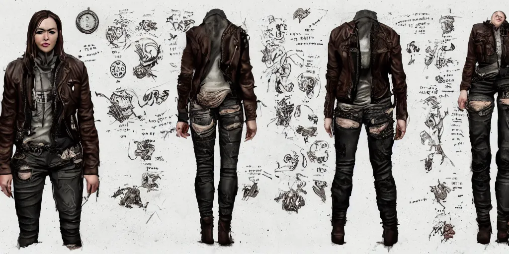 Prompt: female wanderer with tattooed arms and legs wearing an old scratched leather and ripped aviator leather jeans, wearing a short black jacket with rusty medals on it, character sheet, head details, props, concept design, contrast, kim jung gi, greg rutkowski, trending on artstation, 8 k, full body, turnaround, ultra wide angle, pincushion lens effect