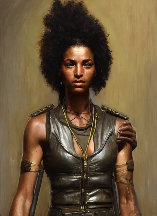 Prompt: buff Juliana. beautiful cyberpunk soldier wearing a military vest and military jumpsuit (cyberpunk 2077). gorgeous african face and afro. Iranian orientalist portrait by john william waterhouse and Edwin Longsden Long and Theodore Ralli and Nasreddine Dinet, oil on canvas. Cinematic, hyper realism, realistic proportions, dramatic lighting, high detail 4k