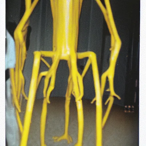 Image similar to color Polaroid of an extremely tall creature in a hallway with long limbs and yellow energy