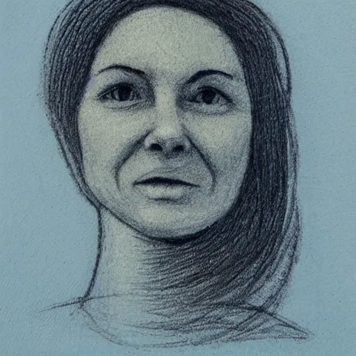 Image similar to portrait of a caring woman as line drawing in pressed black crayon on French light blue paper,slight wove texture