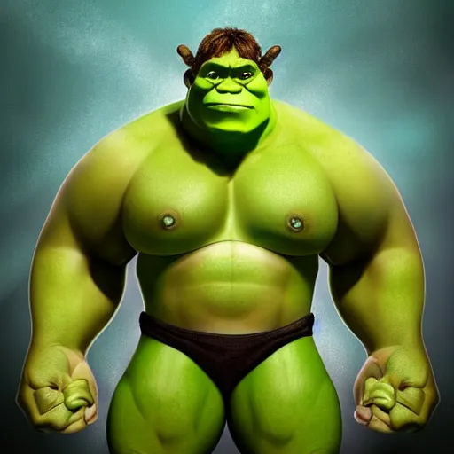 Image similar to a highly detailed image of what the love child between the hulk and shrek would look like
