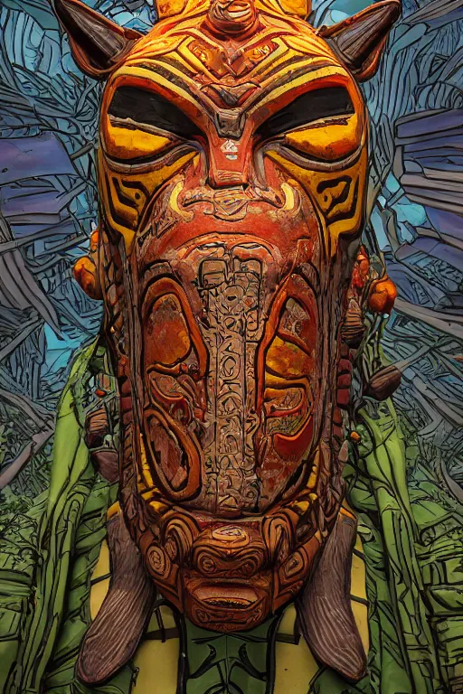 Image similar to totem animal tribal vodoo mask feather gemstone plant global illumination ray tracing hdr that looks like it is from borderlands and by feng zhu and loish and laurie greasley, victo ngai, andreas rocha, john harris