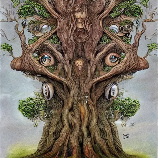 Prompt: a painting of a tree with many faces, poster art by brian and wendy froud, trending on artstation, fantasy art, lovecraftian, fractalism, poster art