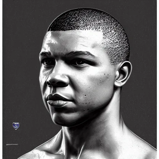 Prompt: sculpture of Kylian Mbappé, digital painting, highly detailed, concept art, Artstation, Cgsociety, by Artgerm, by Alphonse Mucha, by Wlop