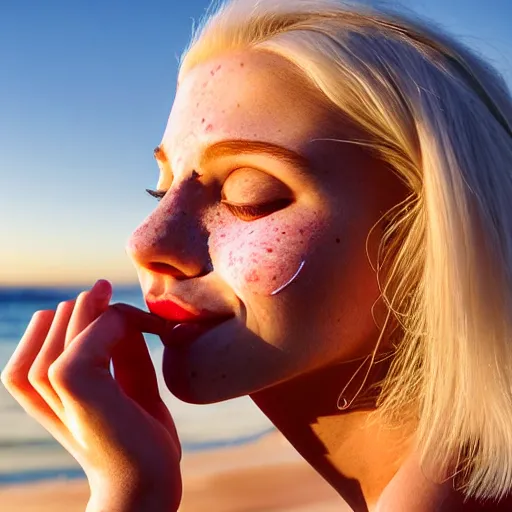 Image similar to beautiful hyperrealism hyperdetailed photograph of a cute thin young woman in love with you, smiling adoringly at the camera, platinum blonde hair, flushed face, blushing, big puffy lips, heart - shaped face, light freckles on cheeks and nose, 8 k, sharp focus, golden hour, beach setting