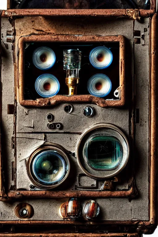 Prompt: A photo of a very old opened camera with vacuum tubes, film, capacitors and coils inside by Annie Lebovitz, Laura Letinsky and Steve McCurry, grungy, weathered Ultra detailed, hyper realistic, 4k