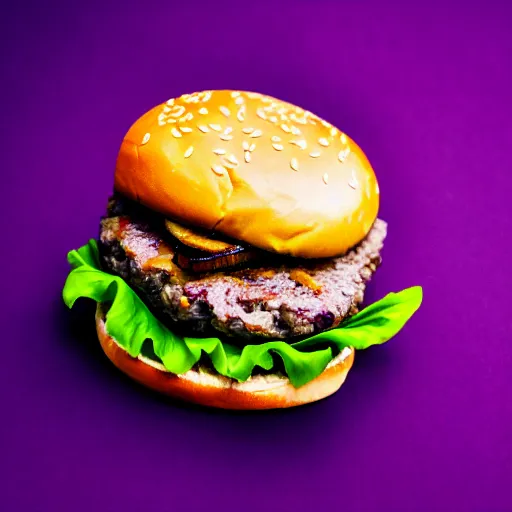 Prompt: a stock photo of a banana on a burger on a purple background, product photography, f 2. 4, bokeh effect, award winning