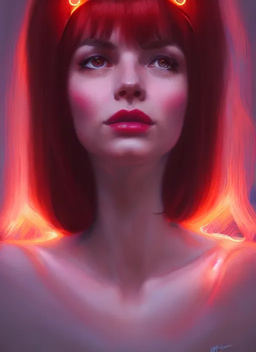 Prompt: portrait of lana rhodes with bangs, 1 9 6 0 s, long hair, red hairband, bangs, intricate, elegant, glowing lights, highly detailed, digital painting, artstation, concept art, smooth, sharp focus, illustration, art by wlop, mars ravelo and greg rutkowski