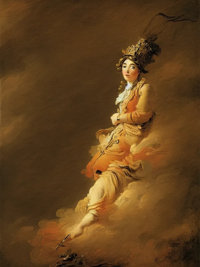 Image similar to portrait of a lonely female soldier floating in the air, wearing a crown, by jean honore fragonard