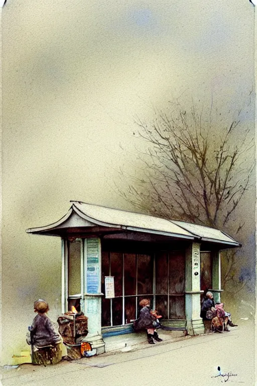 Prompt: (((((1950s bus stop . muted colors.))))) by Jean-Baptiste Monge !!!!!!!!!!!!!!!!!!!!!!!!!!!