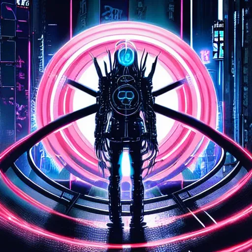 Image similar to Perfect circle portal leading to a vast neon cyberpunk Tokyo in style of Tsutomu Nihei. Cyberpunk, vertical symmetry, 8K, Highly Detailed, Intricate, Vivid.