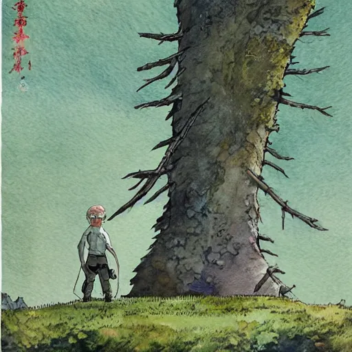 Image similar to laputa castle in the sky robot hayao miyazaki stands in a small clearing among trees, watercolor illustration for a book