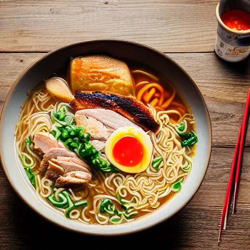 Image similar to A delicious ramen with chicken, eggs, and veggies, the only lighting is from the sunlight, photorealistic imagery, 35mm photography, professional photography, 4k, 8k