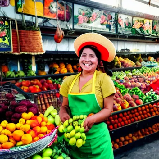 Image similar to Bolivian woman with apron and hat selling fruits in a Latin American market in anime style