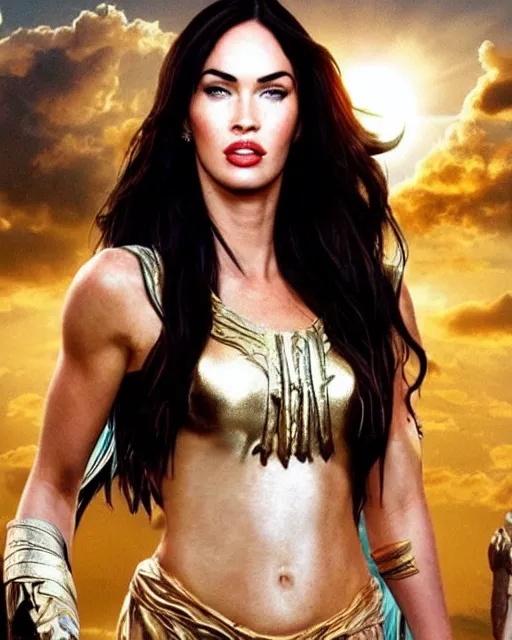 Image similar to megan fox as a Greek goddess in the sky, hyper ultra mega realistic