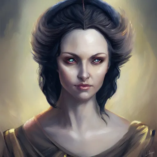 Image similar to a detailed matte head - on portrait painting of an middle - aged half - tiefling noblewoman with golden eyes and short well kept hair, by charlie bowater, lise deharme, wlop, tending on arstation, dungeons and dragon, dnd, pathfinder, fanart, oil on canvas