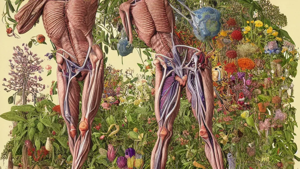 Image similar to highly detailed illustration of a single human anatomy body surrounded by all the known species of plants and flowers by juan gatti, by moebius!, by leonardo da vinci!!, by oliver vernon