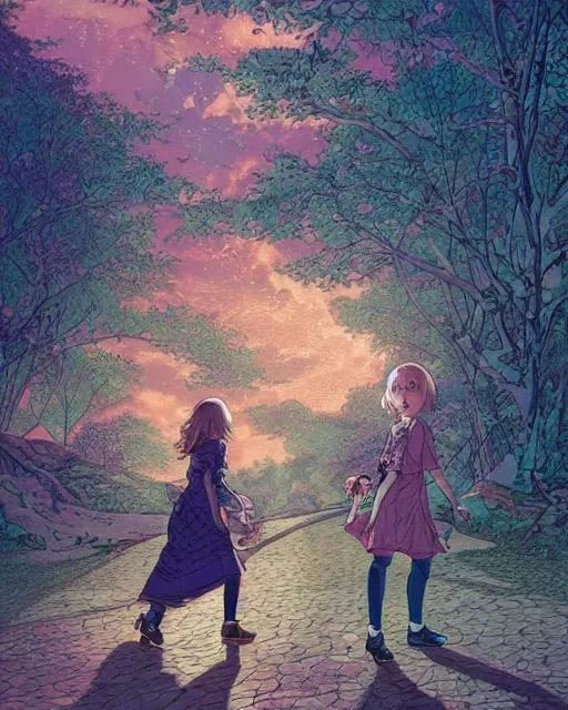 Image similar to a girl walking her small dog at the park, full shot, facing backwards, ambient lighting, detailed, art by ayami kojima, makoto shinkai, kilian eng