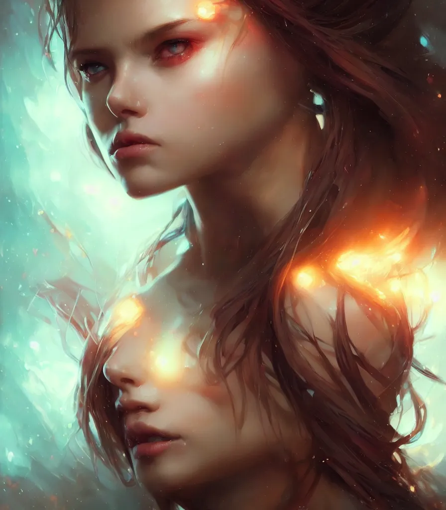 Image similar to beautiful girl portrait by greg rutkowski and charlie bowater, vivid, artgerm, aesthetic, fine details, colorful swirls, gaudy colors, luminescent, organic matte painting, realistic eyes, masterpiece, busy background, bokeh, depth of field