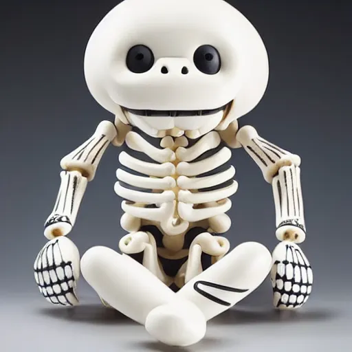 Image similar to a smiling off-white colored cheburashka skeleton shiny porcelain figurine sitting in front of a neutral background, 4k, high definition, detailed product shot, kaws, Jeff koons”