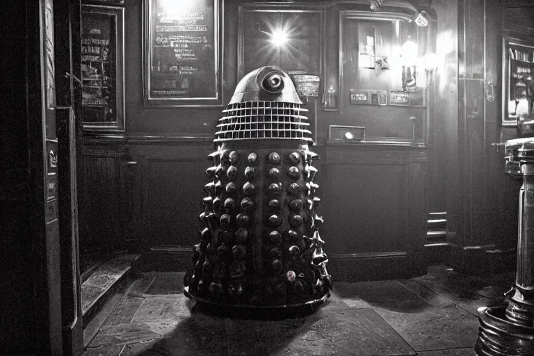 Prompt: photograph of a dalek in a traditional london pub, highly detailed, dramatic lighting, intense shadows, rich deep colours