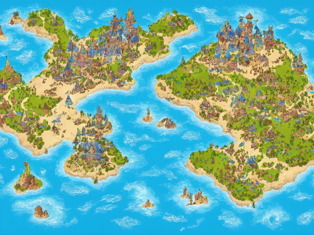 Image similar to an isometric disney fantasy map of a continent bordered by ocean