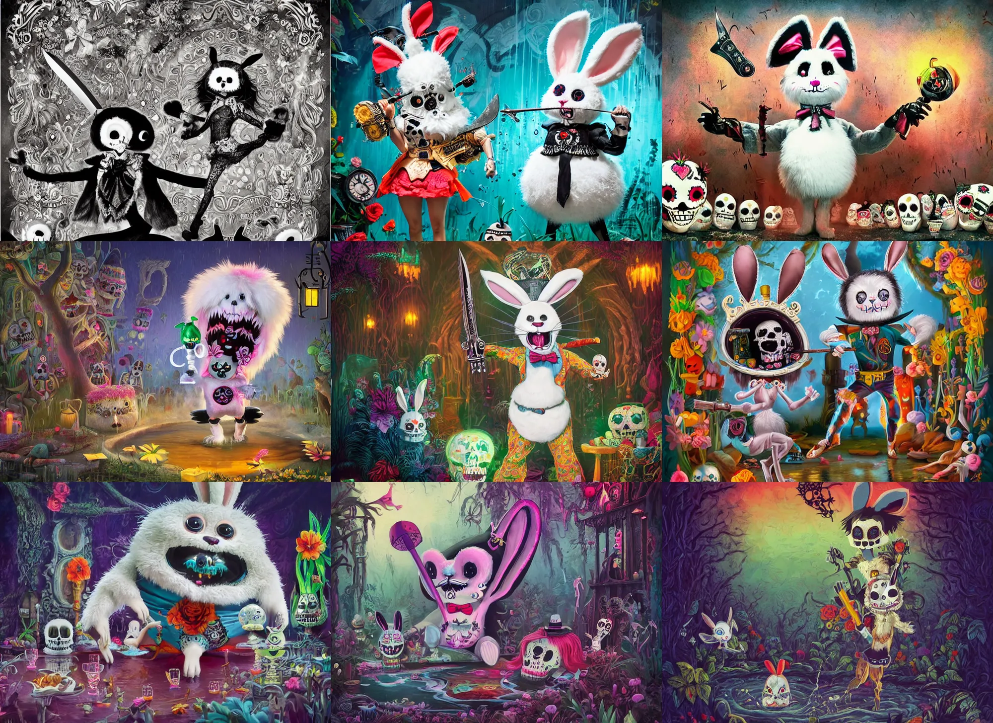 Prompt: a cute fluffy bunny with an insane expression, gleefully dances in a pool of water, holding a black steel bowie knife, wearing a dia de los muertos costume. dark dance photography, intricate detailed 8 k environment, gary baseman, preston blair, tex avery, dan mumford, pedro correa, high times magazine aesthetic