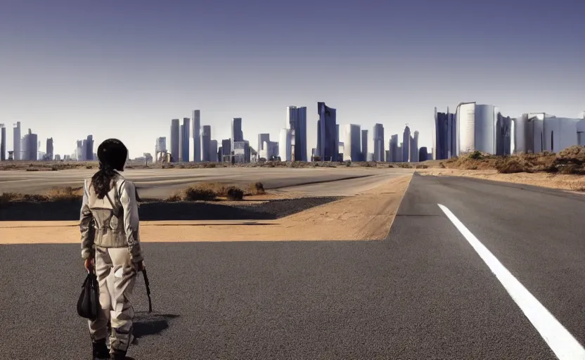 Image similar to photograph of a cell-shaded Honda EK9 Type-R, a techwear woman standing looking off into the distance, on a desert road with a futuristic city in the horizon, one point perspective, 1-point perspective, tilt shift, sigma 85mm f/1.4, 4k, depth of field, high resolution, 4k, 8k, hd, full color, octane render