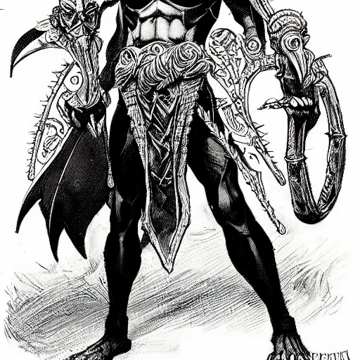 Image similar to character art of xenvas xerulas, dark elf pale master and commander of the bone legion. dnd character art in the style of michael william kaluta and wayne reynolds.