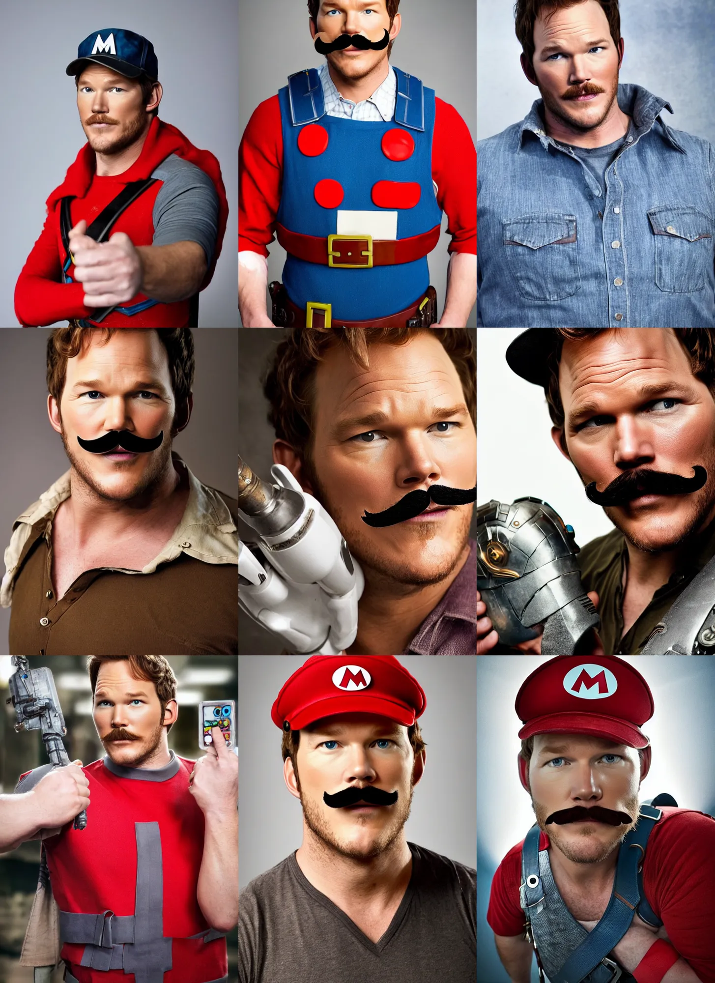 Image similar to chris pratt with a mustache dressed as mario, cosplay, detailed face, promo shoot, studio lighting